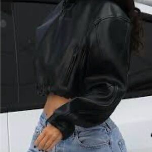 the khy faux leather cropped hooded jacket